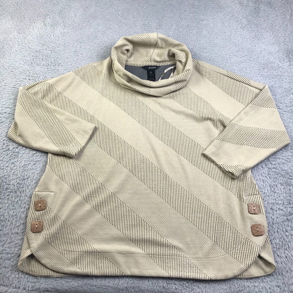 Ali Miles Sweater Womens L Beige Multi Striped Side Buttons Oversized Cowl Neck